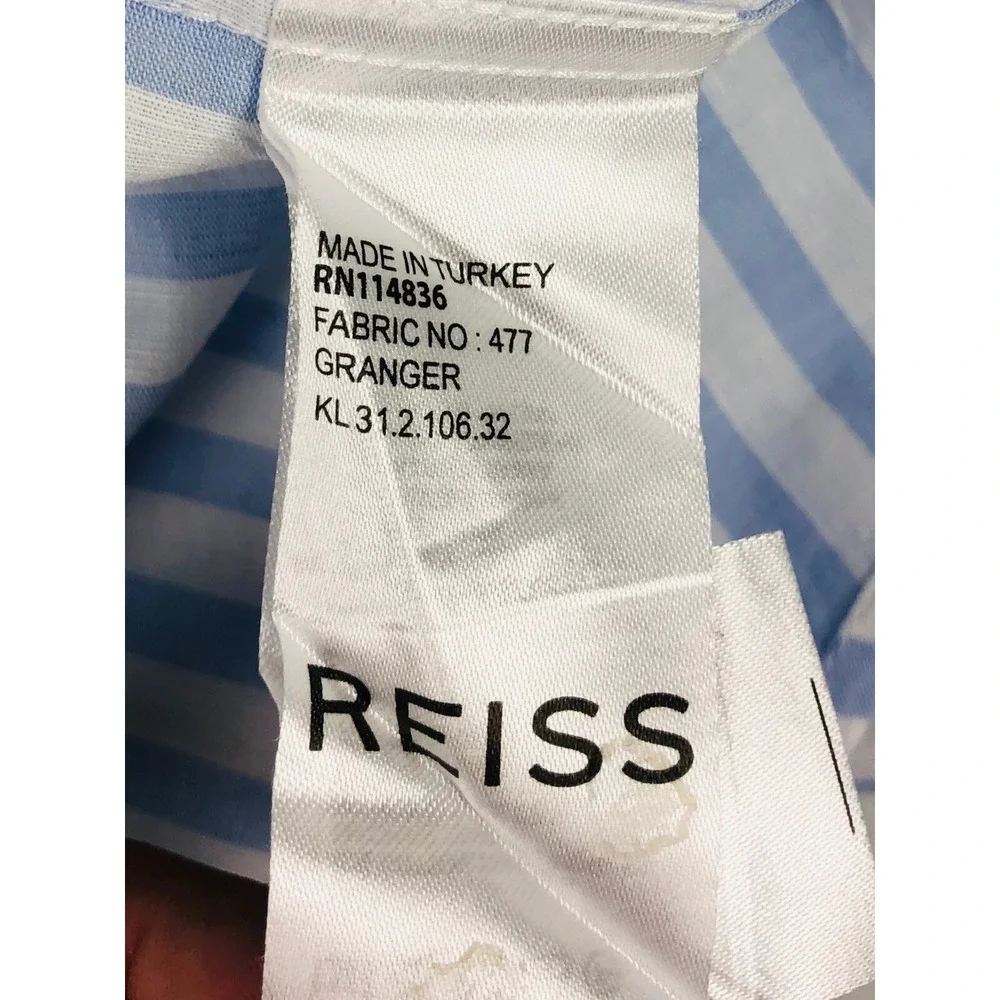 Reiss Mens Small Shirt Striped Blue White Cotton Linen Blend Button Front EUC